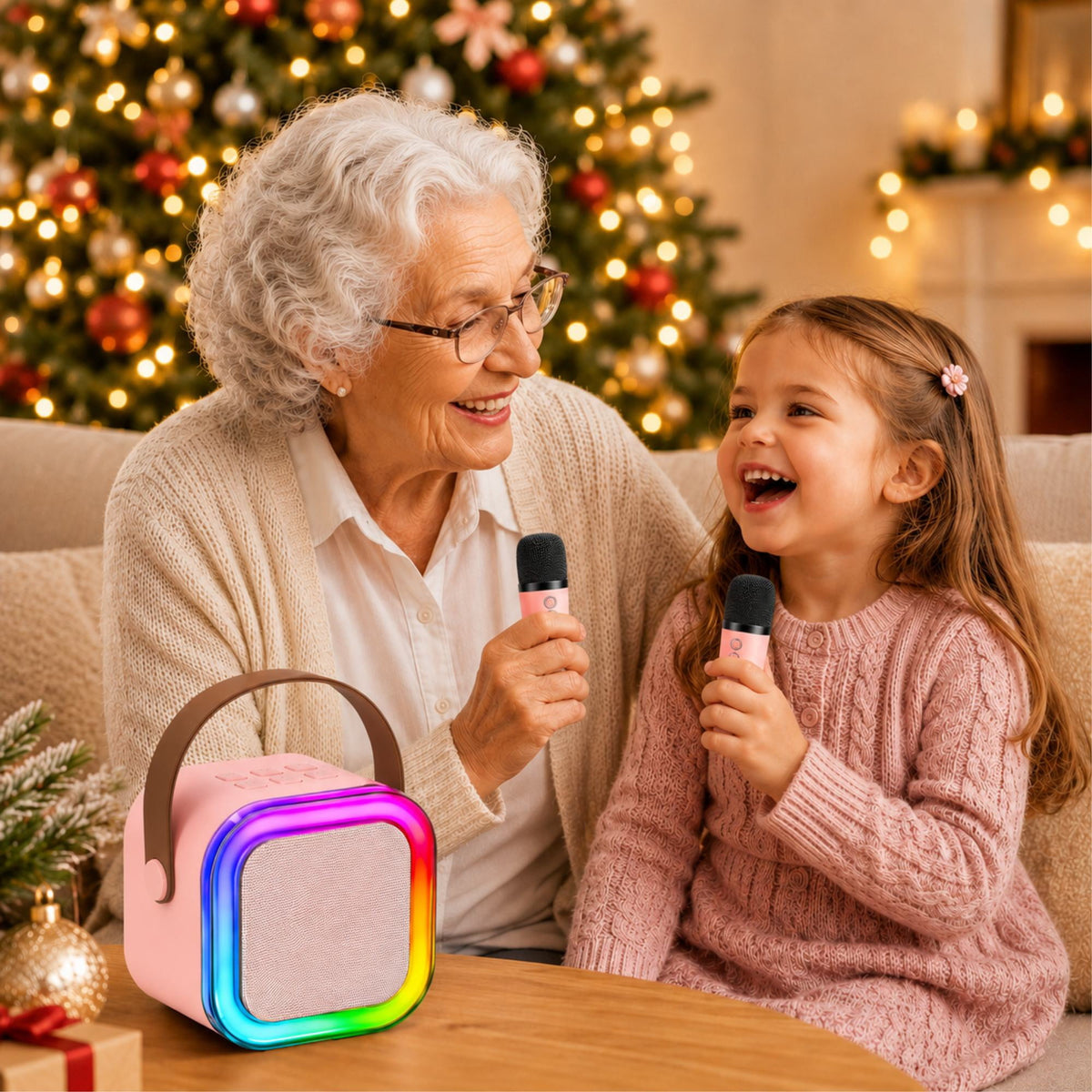 Mini Karaoke Machine for Kids, Colorful LED Portable Bluetooth Singing Speaker with 2 Mics, Christmas Birthday Gifts for Girls Boys