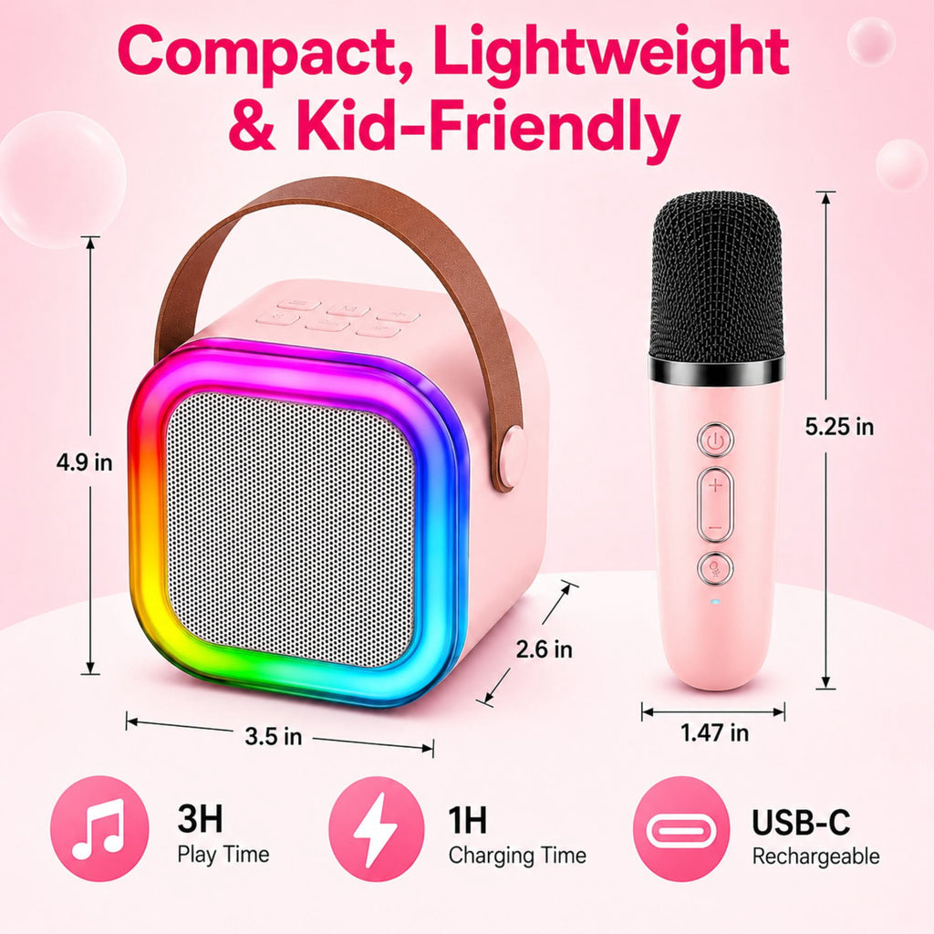 Mini Karaoke Machine for Kids, Colorful LED Portable Bluetooth Singing Speaker with 2 Mics, Christmas Birthday Gifts for Girls Boys