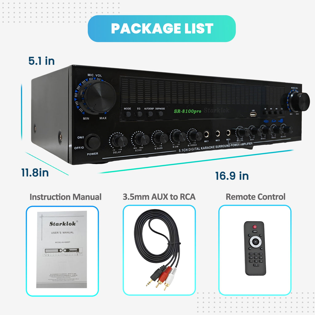 Starklok Optical/Coaxial 1200W Surround Stereo Receiver, Bluetooth Audio Power Amplifiers for Home Theater Stereo System