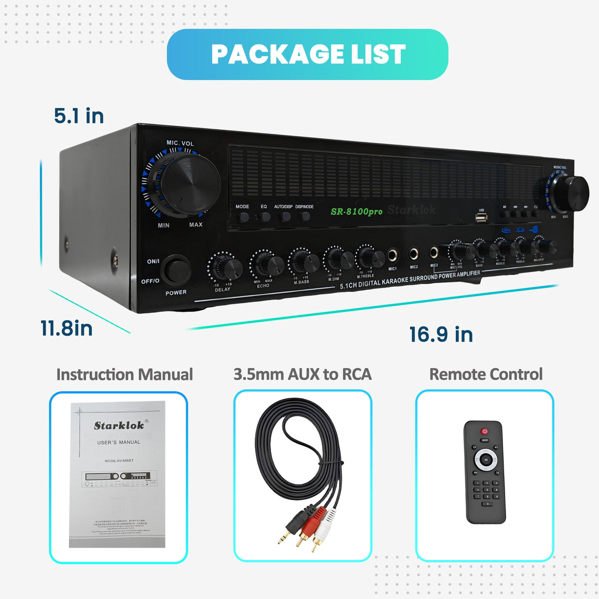 Starklok Optical/Coaxial 1200W Surround Stereo Receiver, Bluetooth Audio Power Amplifiers for Home Theater Stereo System