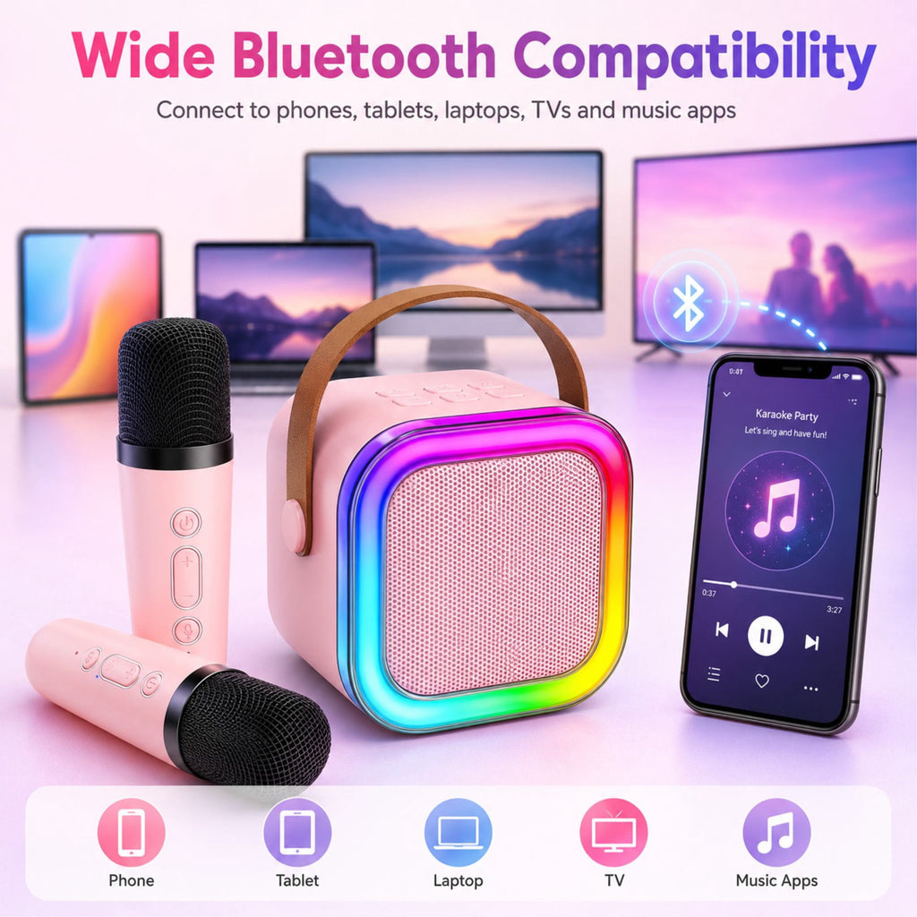 Mini Karaoke Machine for Kids, Colorful LED Portable Bluetooth Singing Speaker with 2 Mics, Christmas Birthday Gifts for Girls Boys