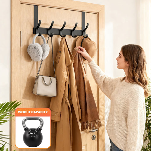 Over Door Hooks, Door Hanger Rack for Hanging with 10 Hooks, Over The Door Towel Racks for Bathroom, Coat Rack Behind Back of Door, Matte Black