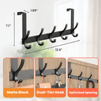 Over Door Hooks, Door Hanger Rack for Hanging with 10 Hooks, Over The Door Towel Racks for Bathroom, Coat Rack Behind Back of Door, Matte Black