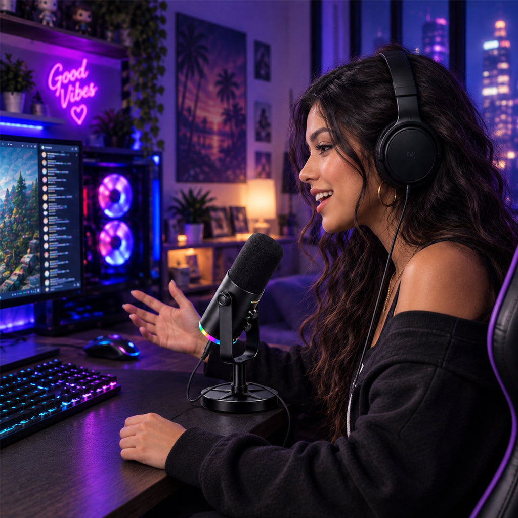Gaming Microphone for PC Computer PS5 PS4 Laptop, XLR USB Streaming Microphone with Boom Arm, Stand, RGB, Mute Button, Gain Control for Recording, Podcast