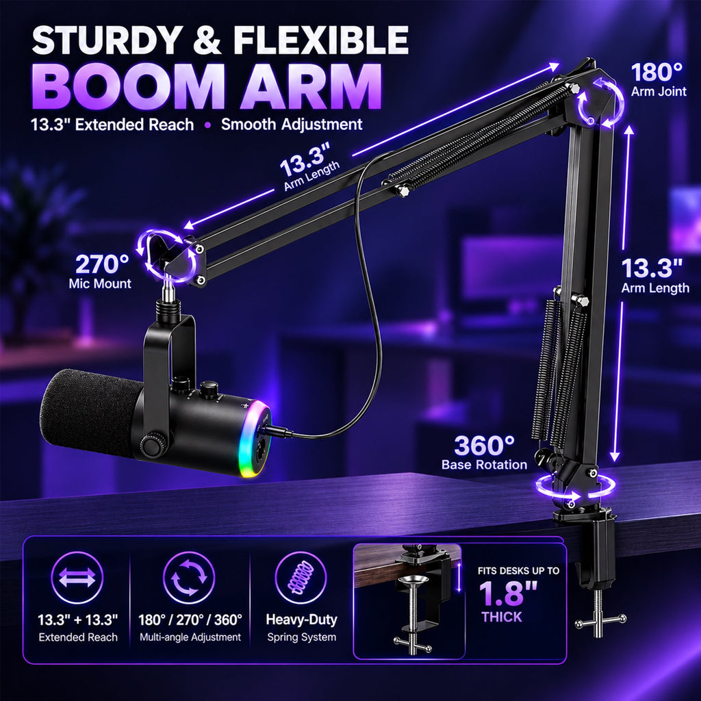 Gaming Microphone for PC Computer PS5 PS4 Laptop, XLR USB Streaming Microphone with Boom Arm, Stand, RGB, Mute Button, Gain Control for Recording, Podcast