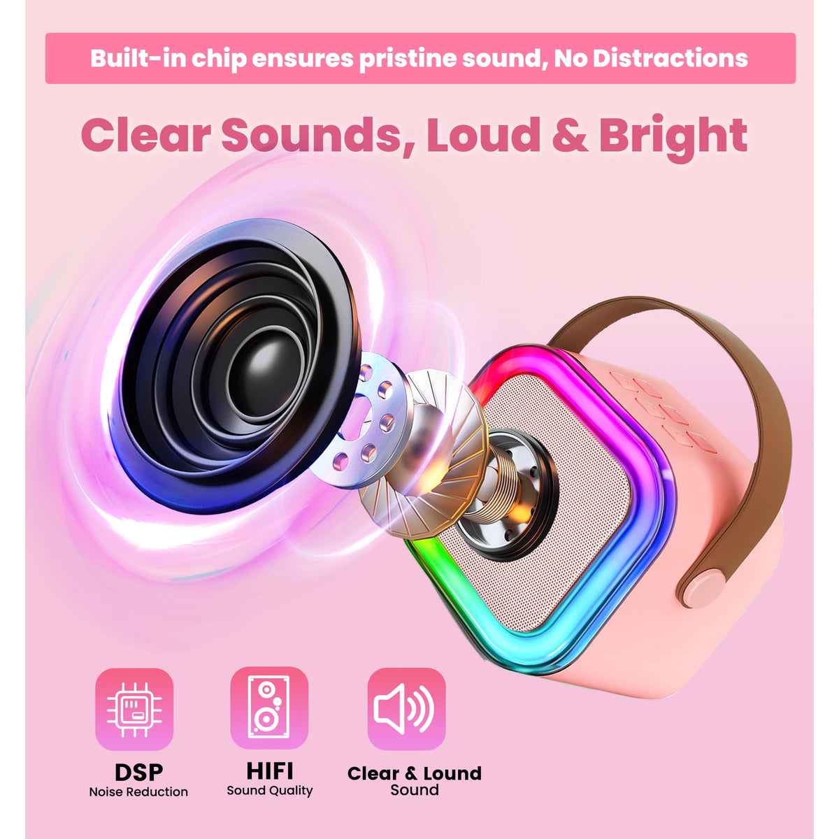 Mini Karaoke Machine for Kids, Colorful LED Portable Bluetooth Singing Speaker with 2 Mics, Christmas Birthday Gifts for Girls Boys