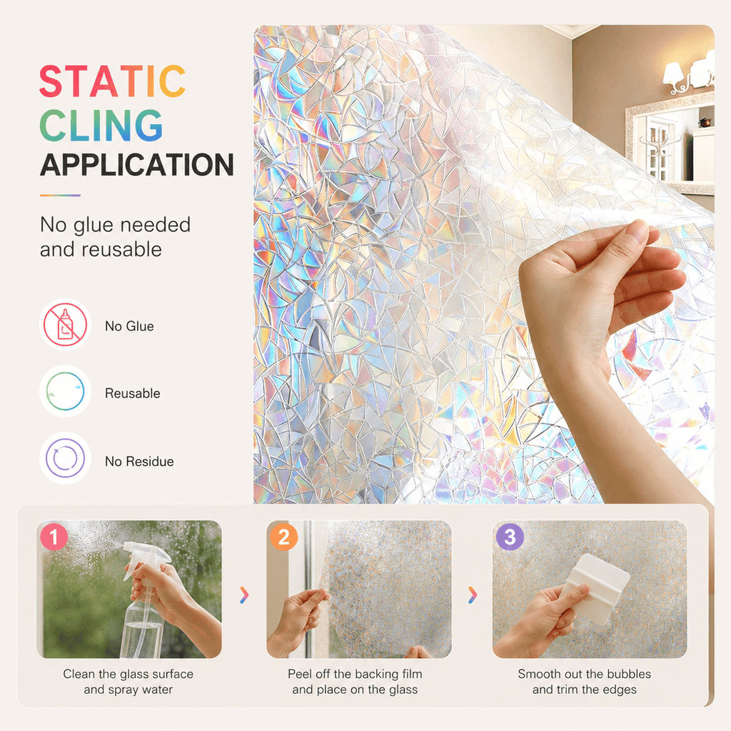 Window Privacy Film, 3D Decorative Rainbow Window Clings, Stained Glass Window Decals, Static Cling Window Sticker Non-Adhesive, 17.7 x 78.7 inches