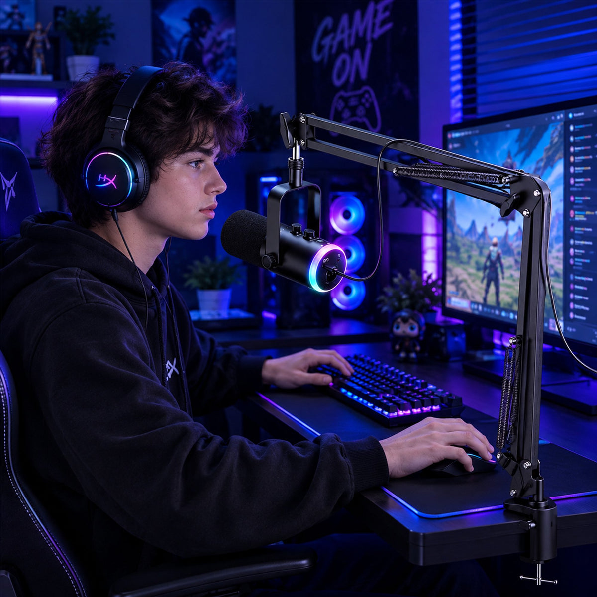 Gaming Microphone for PC Computer PS5 PS4 Laptop, XLR USB Streaming Microphone with Boom Arm, Stand, RGB, Mute Button, Gain Control for Recording, Podcast
