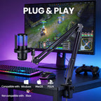 Gaming USB Microphone,Noise Cancellation Condenser Mic,3.5mm Headphone,RGB Microphone with Mute,Gain,Monitoring,Boom Arm,Pop Filter for Phone,PC,Computer,Mac,Streaming,Podcast