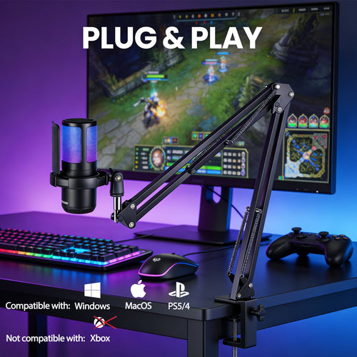 Gaming USB Microphone,Noise Cancellation Condenser Mic,3.5mm Headphone,RGB Microphone with Mute,Gain,Monitoring,Boom Arm,Pop Filter for Phone,PC,Computer,Mac,Streaming,Podcast