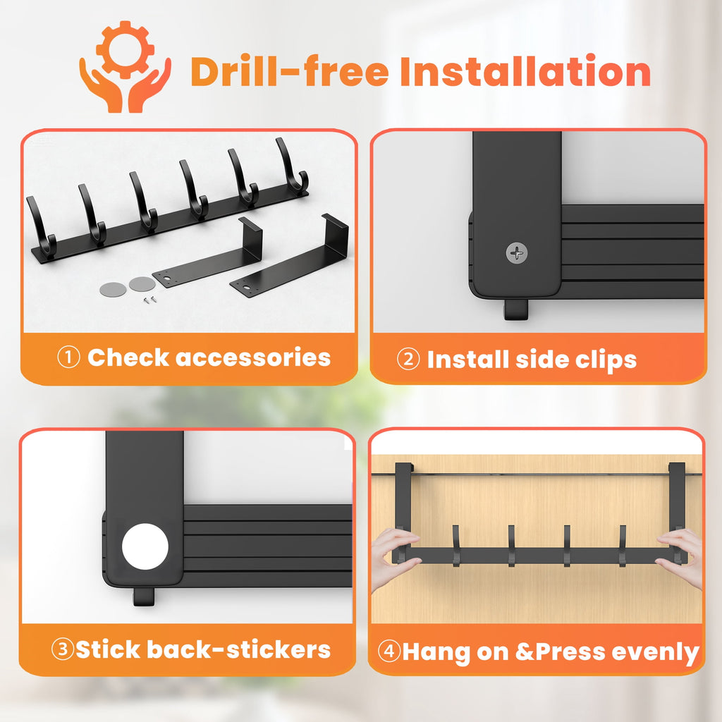 Over Door Hooks, Door Hanger Rack for Hanging with 10 Hooks, Over The Door Towel Racks for Bathroom, Coat Rack Behind Back of Door, Matte Black