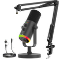 Gaming Microphone for PC Computer PS5 PS4 Laptop, XLR USB Streaming Microphone with Boom Arm, Stand, RGB, Mute Button, Gain Control for Recording, Podcast