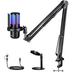 Gaming USB Microphone,Noise Cancellation Condenser Mic,3.5mm Headphone,RGB Microphone with Mute,Gain,Monitoring,Boom Arm,Pop Filter for Phone,PC,Computer,Mac,Streaming,Podcast