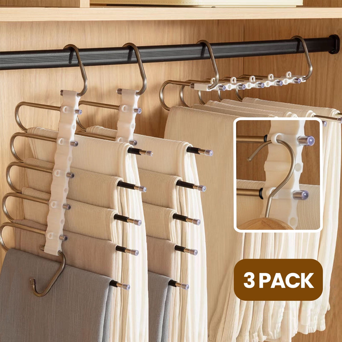 Pants Hangers Space Saving, 3 Pack Magic Non-Slip Stainless Steel Clothes Jean Hangers for Closet, Anti-Slip Hanger for Pants Skirts Scarf Legging