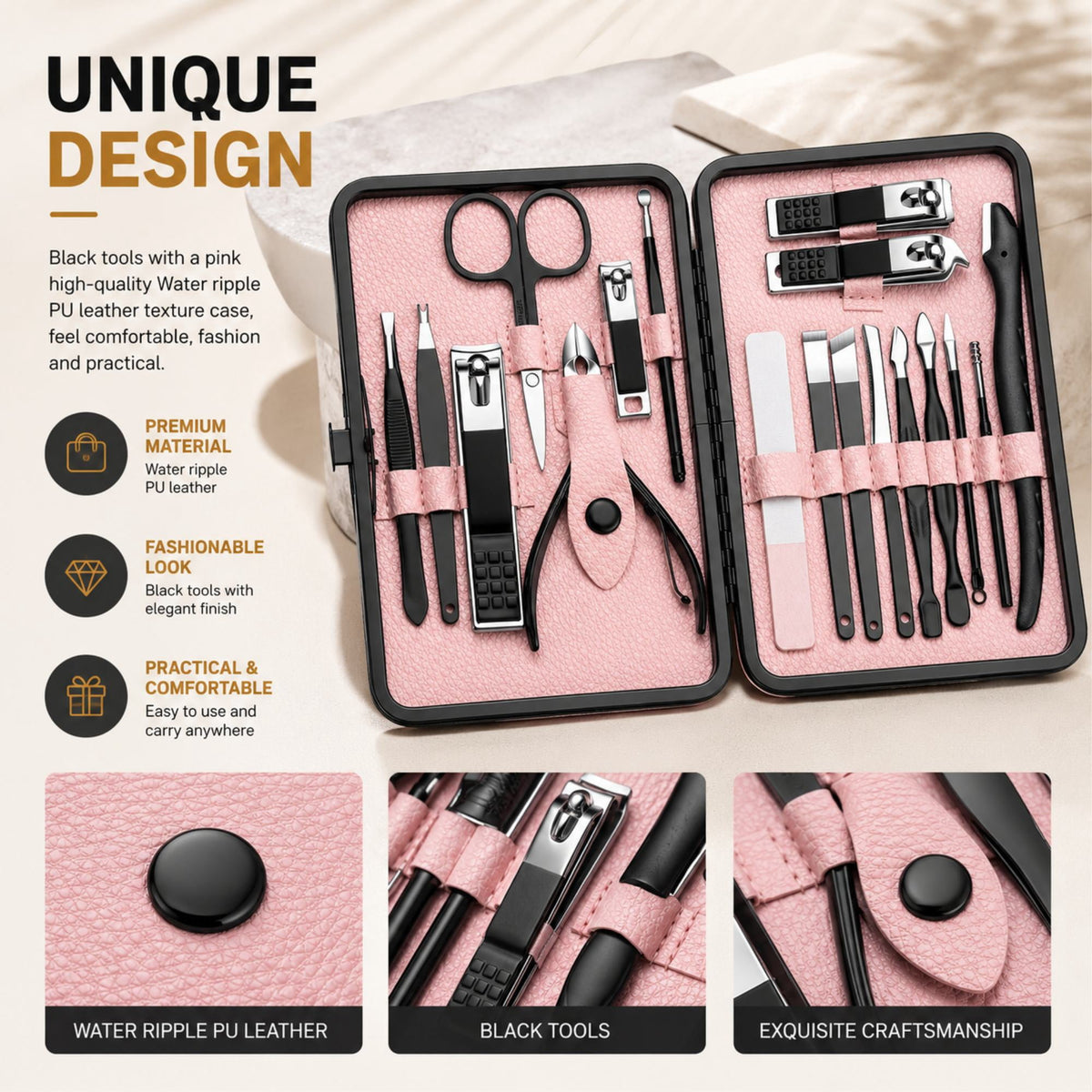 18-Piece Professional Pink Manicure Set with Stainless Steel Nail Clippers and Grooming Tools