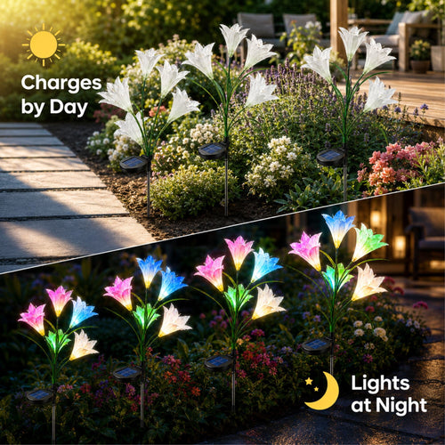 Solar Garden Lights Outdoor, 2 Pack 8 Lily, Solar Flowers Light Waterproof, Multi-color Changing LED Solar Stake Lights for Outside Patio Garden Pathway Yard Decoration