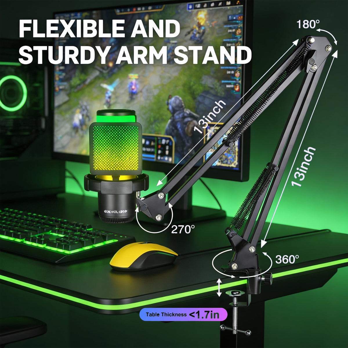 Gaming USB Microphone,Noise Cancellation Condenser Mic,3.5mm Headphone,RGB Microphone with Mute,Gain,Monitoring,Boom Arm,Pop Filter for Phone,PC,Computer,Mac,Streaming,Podcast